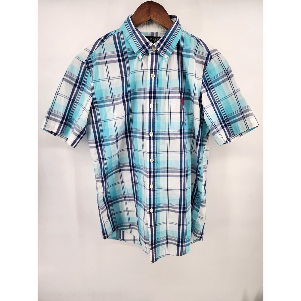 US Polo Assn Mens Small Short Sleeve‎ Plaid Button Down Shirt Blue Teal White